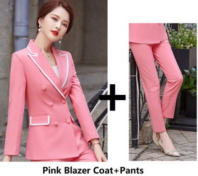 Formal OL Styles Blézerek öltönyök Elegáns Rózsaszín Kiváló Minőségi Anyag Professzionális Karrier Üzleti Női Nadrág szett nadrágkosztümök