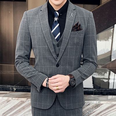 S-7XL méret ( kabát + mellény + nadrág ) Háromrészes férfi formális üzleti kockás öltöny Vőlegény esküvői ruha Kockás csíkos férfi öltöny