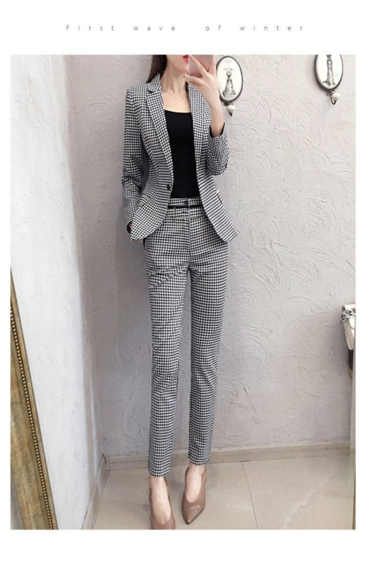 Kétrészes női alkalmi ingázási szett Houndstooth blézerruha bokáig érő nadrággal, duplasoros kockás irodai blézer nadrág