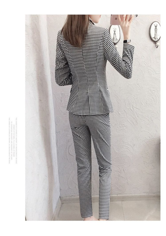 Kétrészes női alkalmi ingázási szett Houndstooth blézerruha bokáig érő nadrággal, duplasoros kockás irodai blézer nadrág