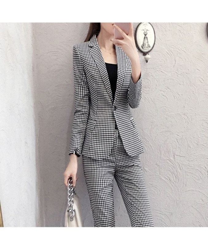 Kétrészes női alkalmi ingázási szett Houndstooth blézerruha bokáig érő nadrággal, duplasoros kockás irodai blézer nadrág