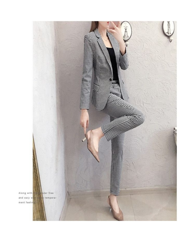 Kétrészes női alkalmi ingázási szett Houndstooth blézerruha bokáig érő nadrággal, duplasoros kockás irodai blézer nadrág