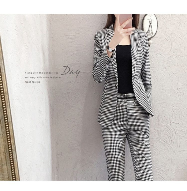 Kétrészes női alkalmi ingázási szett Houndstooth blézerruha bokáig érő nadrággal, duplasoros kockás irodai blézer nadrág