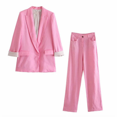 PSEEWE szett női 2 darabos elegáns rózsaszín blézer női elegáns széles szárú nadrág szettek üzleti irodai alkalmi zöld blézerruha