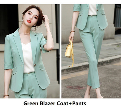 Újdonság zöld formális egyenruha minták nadrágkosztümök női üzleti munkaruházat professzionális blézerek nadrág szettek fél ujjú OL stílusok