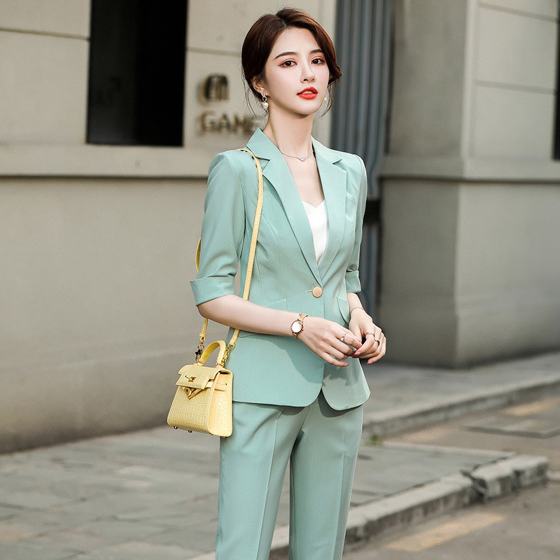 Újdonság zöld formális egyenruha minták nadrágkosztümök női üzleti munkaruházat professzionális blézerek nadrág szettek fél ujjú OL stílusok