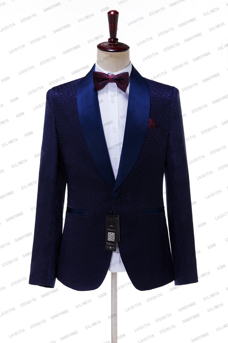 Costume de nuntă pentru bărbați 2023, albastru închis, jacquard, design italian, la comandă, șampanie, pentru fumători, smoking, 2 piese, mire pentru bărbați