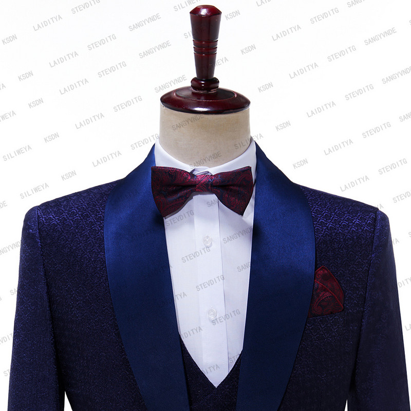 Costume de nuntă pentru bărbați 2023, albastru închis, jacquard, design italian, la comandă, șampanie, pentru fumători, smoking, 2 piese, mire pentru bărbați