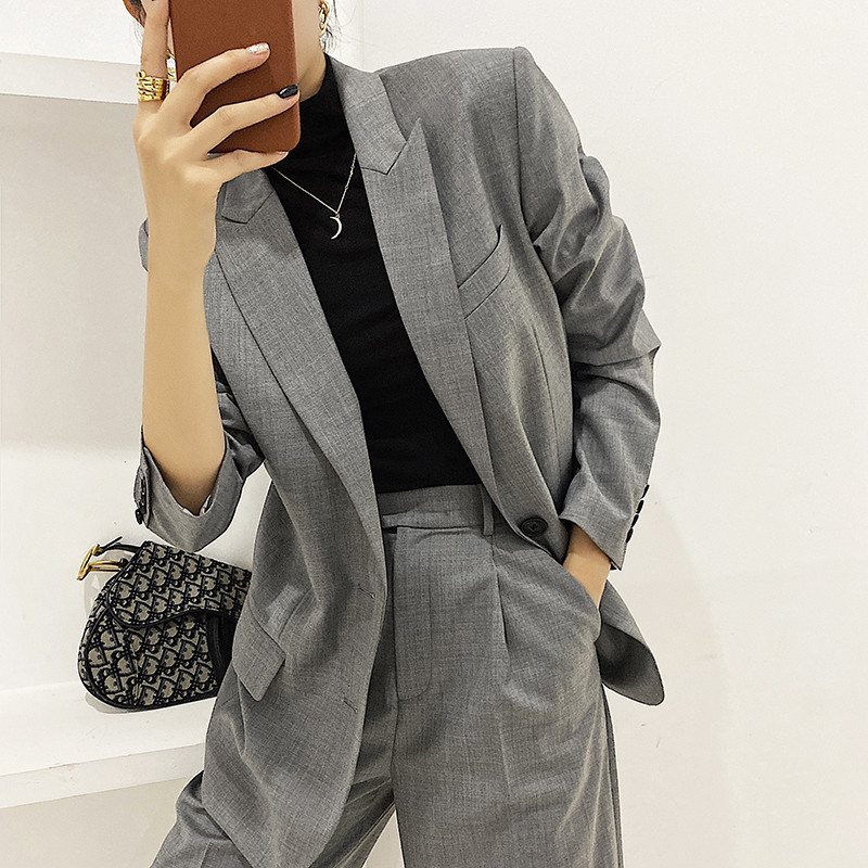 Szürke blézer Női öltöny nadrág 2 részes szett Üzleti interjú munkaruha iroda Női ruházat divatos tempera öltöny