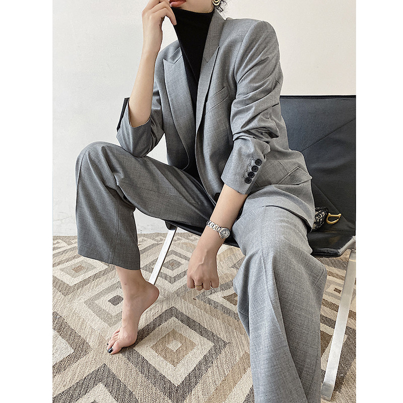 Szürke blézer Női öltöny nadrág 2 részes szett Üzleti interjú munkaruha iroda Női ruházat divatos tempera öltöny