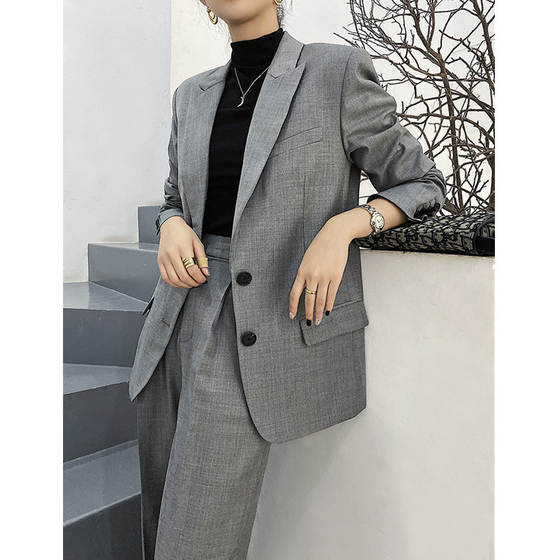 Szürke blézer Női öltöny nadrág 2 részes szett Üzleti interjú munkaruha iroda Női ruházat divatos tempera öltöny