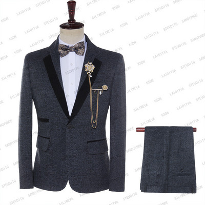 2023-as új alkalmi úriember esküvői vőlegény férfi öltönyök kék fekete vegyes betűs mintás bársony hajtóka karcsú, 2 db-os szett kabát nadrág