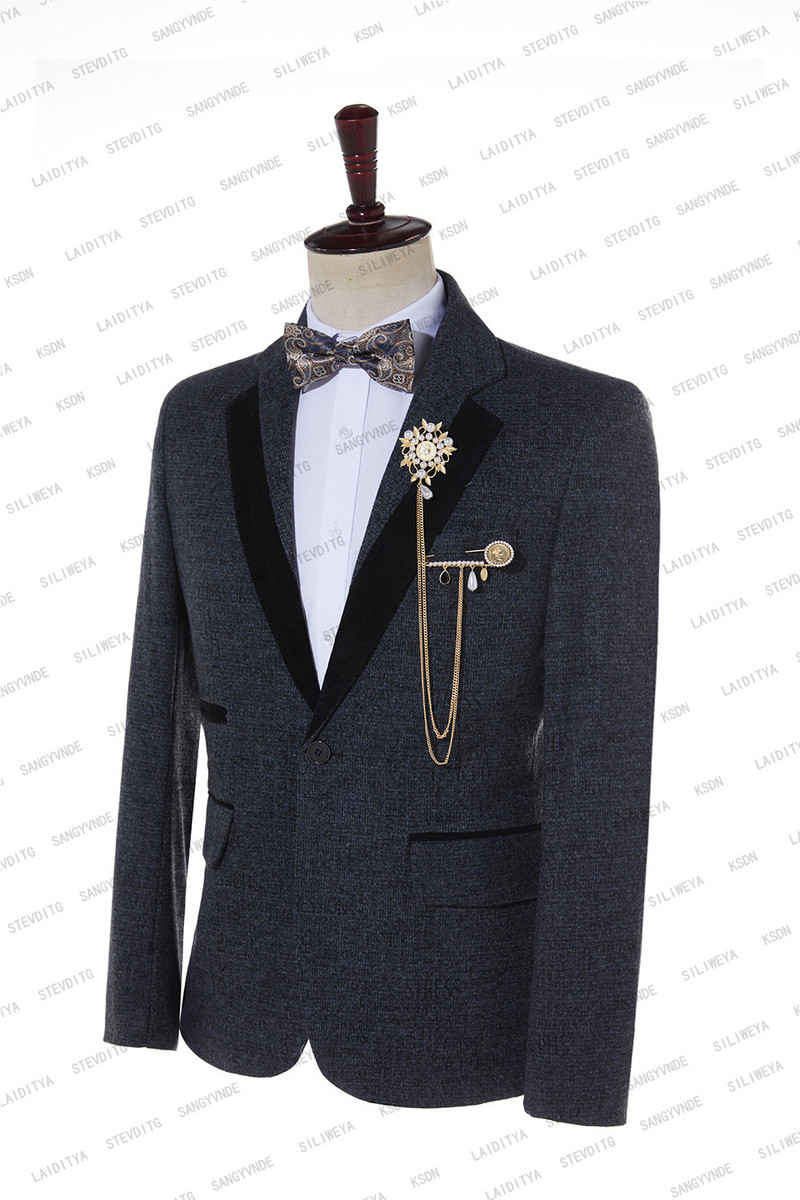 2023-as új alkalmi úriember esküvői vőlegény férfi öltönyök kék fekete vegyes betűs mintás bársony hajtóka karcsú, 2 db-os szett kabát nadrág