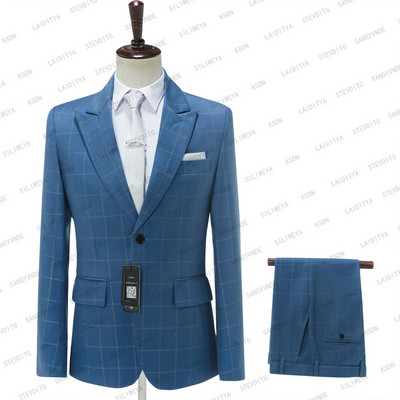 2023-as divatos új férfi kék kockás öltönyök, karcsú, férfi üzleti bankett öltöny szett nagy méretű (kabát+nadrág) Terno Masculino