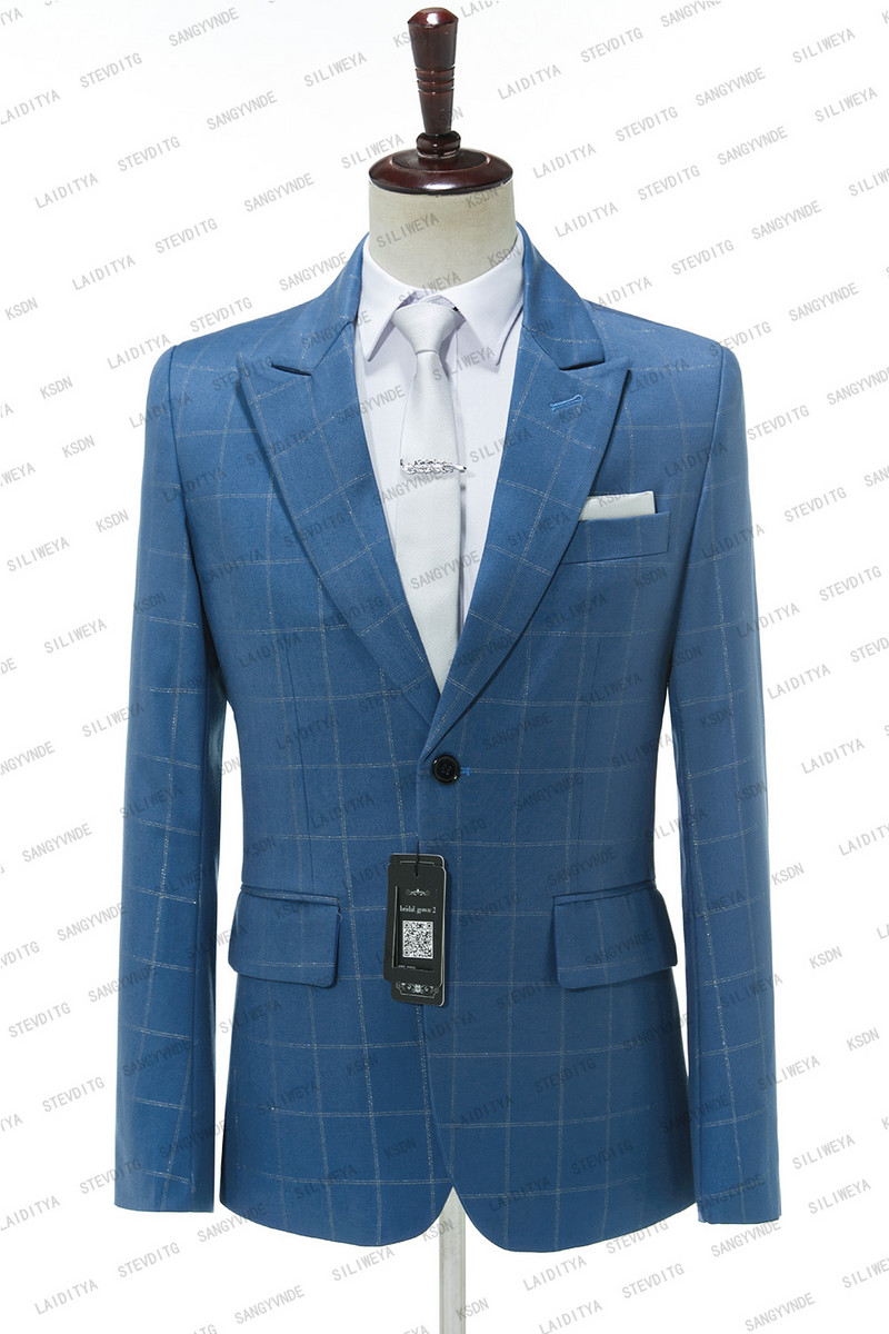 2023-as divatos új férfi kék kockás öltönyök, karcsú, férfi üzleti bankett öltöny szett nagy méretű (kabát+nadrág) Terno Masculino