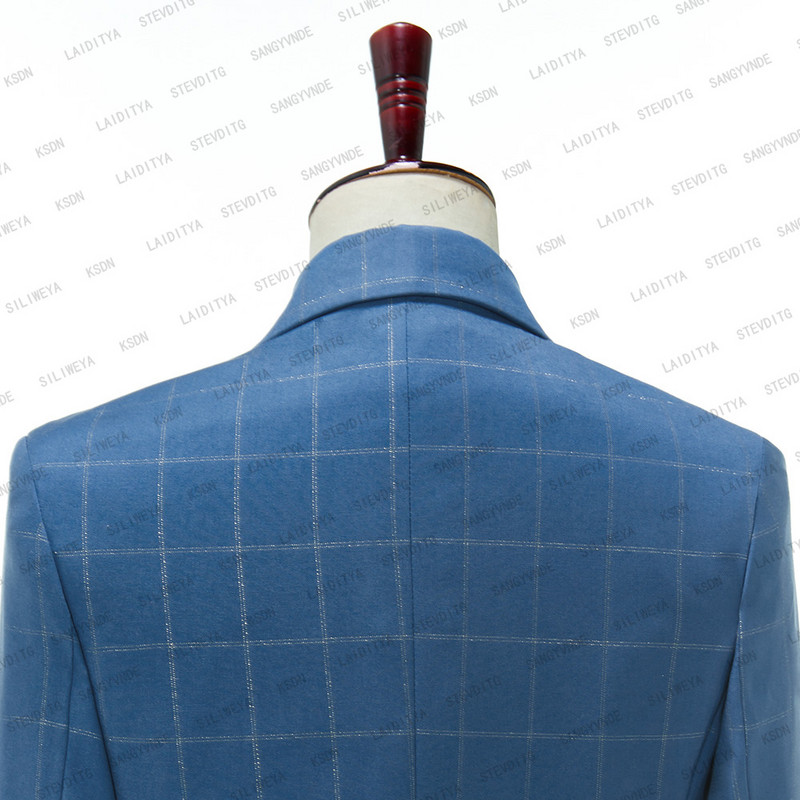 2023-as divatos új férfi kék kockás öltönyök, karcsú, férfi üzleti bankett öltöny szett nagy méretű (kabát+nadrág) Terno Masculino