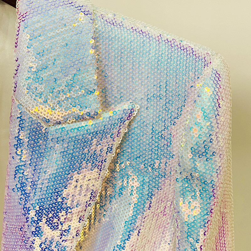 Luxus egyedi fényvisszaverő Bling Bling flitterekkel, gyönyörű, 2 részes rövid szett, egyetlen csattal blézerkabátok, rövid nadrágok, dagályos öltöny