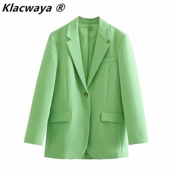 Klacwaya Women 2021 Blazer σετ δύο τεμαχίων Vintage πράσινο γραφείο Γυναικείο κοστούμι με μονό κουμπί Μόδα κοστούμια παντελόνι με φαρδύ πόδι