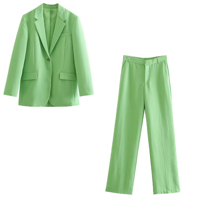 Klacwaya női 2021 blézer kétrészes szett Vintage zöld irodai női egygombos öltöny, divatos, magas derekú, széles szárú nadrágkosztüm