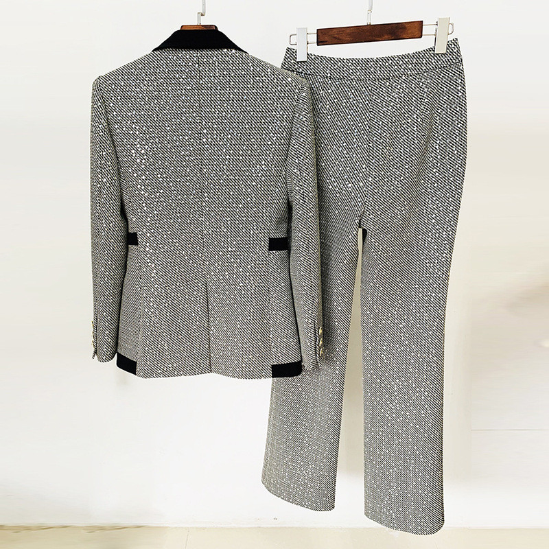 HIGH STREET 2022 Legújabb dizájner divatos kifutó öltöny szett vékony szabású női színes blokk flitteres blézer nadrág öltöny női kockás