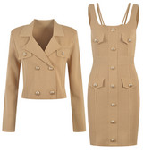 Márkatervező tavaszi női ruhák 2023-as évjárat, elegáns arany oroszlángombos kötött kardigán+mini ruha, kétrészes női készletek