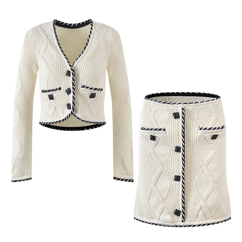 Márka őszi női sztreccs kötött kétrészes készletek textúra mintás hosszú ujjú V-nyakú kardigán pulóver felsők vékony szoknya OL ruhák női