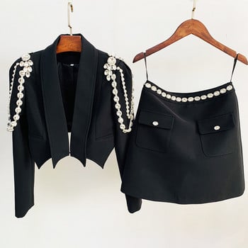 Μακρυμάνικο Career Office Blazer Σετ Crop Top Μίνι φούστα Κοστούμια 2 τεμαχίων ασορτί σετ Γυναικεία φθινόπωρο 2022 μόδα Μαύρα σύνολα