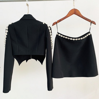 Μακρυμάνικο Career Office Blazer Σετ Crop Top Μίνι φούστα Κοστούμια 2 τεμαχίων ασορτί σετ Γυναικεία φθινόπωρο 2022 μόδα Μαύρα σύνολα