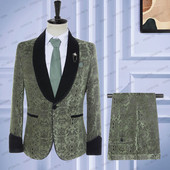2023-as divat férfi alkalmi butik üzleti zöld klasszikus mintás fekete bársony hajtóka karcsú szabású férfi öltöny 2 db szett kabát nadrág