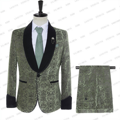 2023-as divat férfi alkalmi butik üzleti zöld klasszikus mintás fekete bársony hajtóka karcsú szabású férfi öltöny 2 db szett kabát nadrág