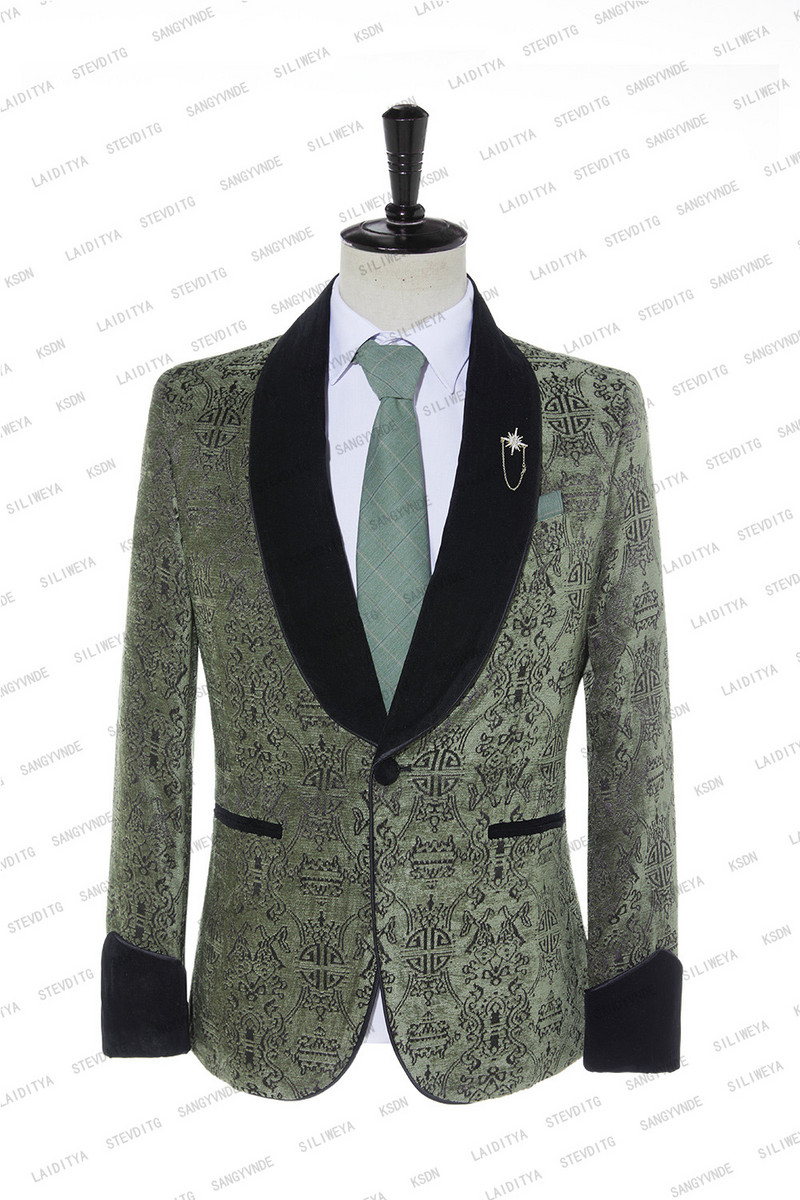 2023-as divat férfi alkalmi butik üzleti zöld klasszikus mintás fekete bársony hajtóka karcsú szabású férfi öltöny 2 db szett kabát nadrág
