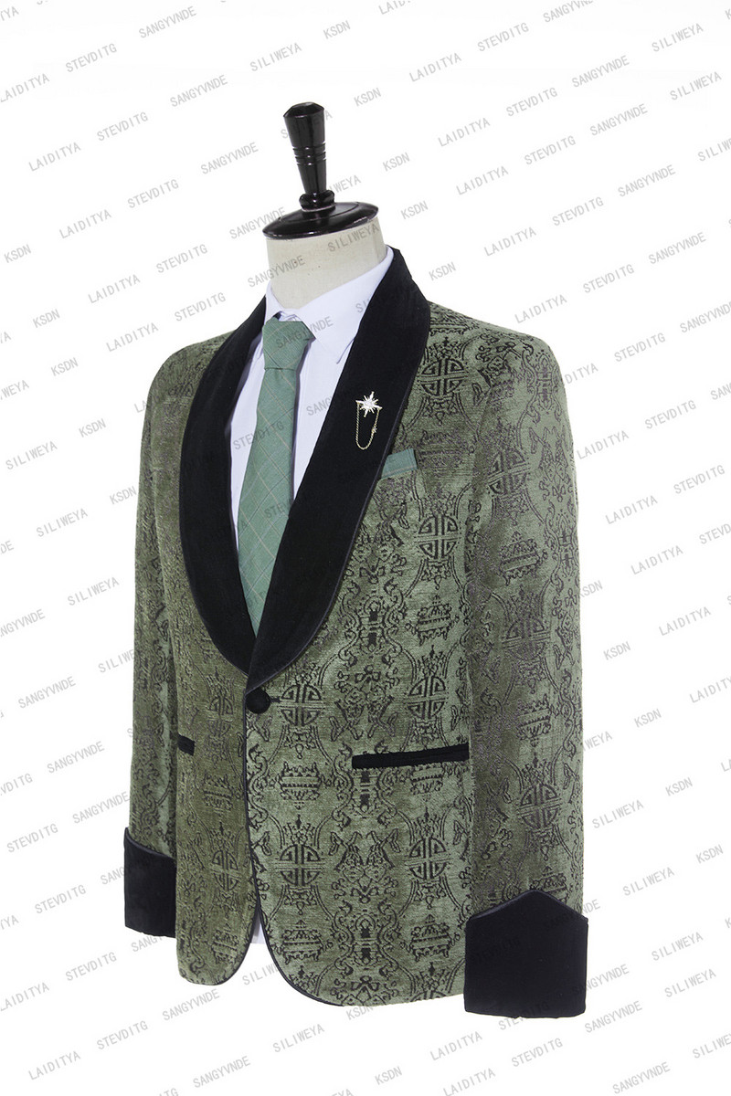 2023-as divat férfi alkalmi butik üzleti zöld klasszikus mintás fekete bársony hajtóka karcsú szabású férfi öltöny 2 db szett kabát nadrág