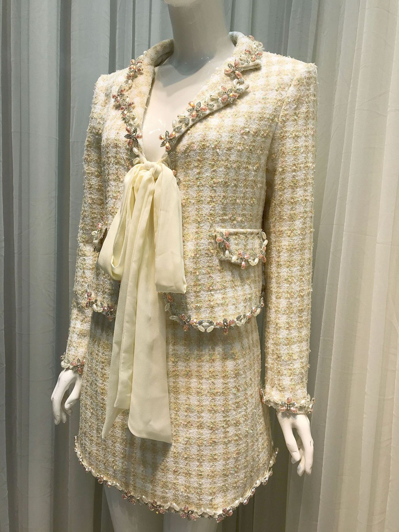 2 részes szettek női ruhák születésnapi parti blézer kabátok mini szoknya Vintage kockás gyöngy gyöngysor luxus márka dizájn koreai stílus