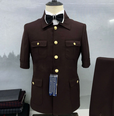 2022 Egyedi gyártású tavaszi és nyári 7 pontos ujjú szürke esküvői öltöny férfiaknak félujjú, vékony szabású vőlegény alkalmi parti Blézer nadrág