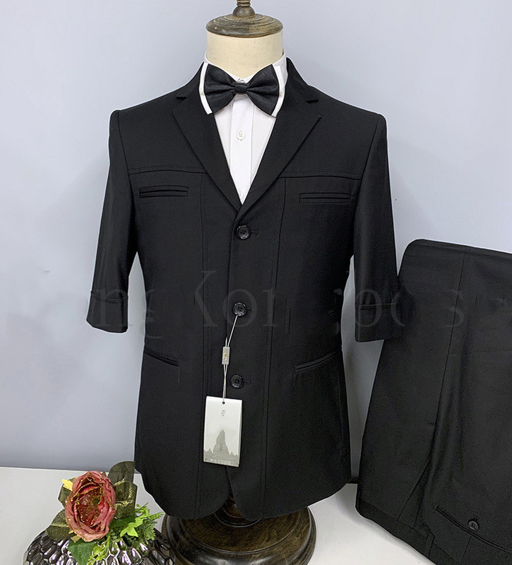 2022 Egyedi gyártású tavaszi és nyári 7 pontos ujjú szürke esküvői öltöny férfiaknak félujjú, vékony szabású vőlegény alkalmi parti Blézer nadrág