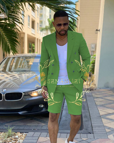 Testre szabott menta zöld, duplasoros férfi öltönyök rövid nadrágok nyári strand vőlegény öltöny Alkalmi üzleti esküvői legjobb férfi blézer