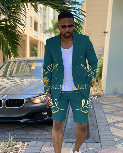 Testre szabott menta zöld, duplasoros férfi öltönyök rövid nadrágok nyári strand vőlegény öltöny Alkalmi üzleti esküvői legjobb férfi blézer