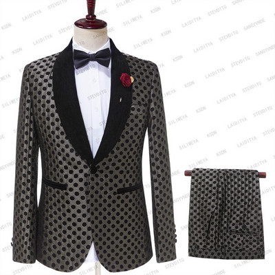 2023. Egyedi gyártású vőfély, fekete jacquard pöttyös szmoking kendő, hajtóka, férfi öltöny, 2 db esküvői férfi (kabát+nadrág+nyakkendő) jelmez