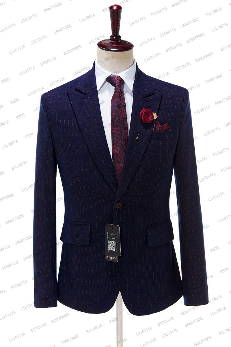 2023 új férfi sötétkék piros csíkos esküvői parti, kétrészes kabát nadrág szett Férfi blézer Kabát nadrág Divatos karcsú öltöny