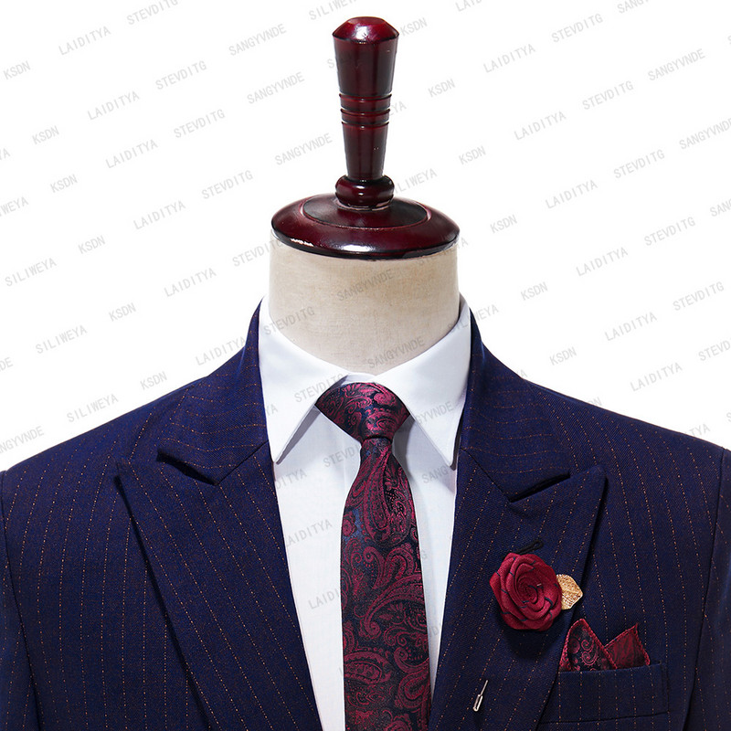 2023 új férfi sötétkék piros csíkos esküvői parti, kétrészes kabát nadrág szett Férfi blézer Kabát nadrág Divatos karcsú öltöny