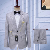 Kabát + nadrág 2 részes szett 2023 divatos új szürke jacquard virágos férfi alkalmi butik üzleti ruha esküvői vőlegény öltöny