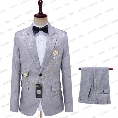 Kabát + nadrág 2 részes szett 2023 divatos új szürke jacquard virágos férfi alkalmi butik üzleti ruha esküvői vőlegény öltöny