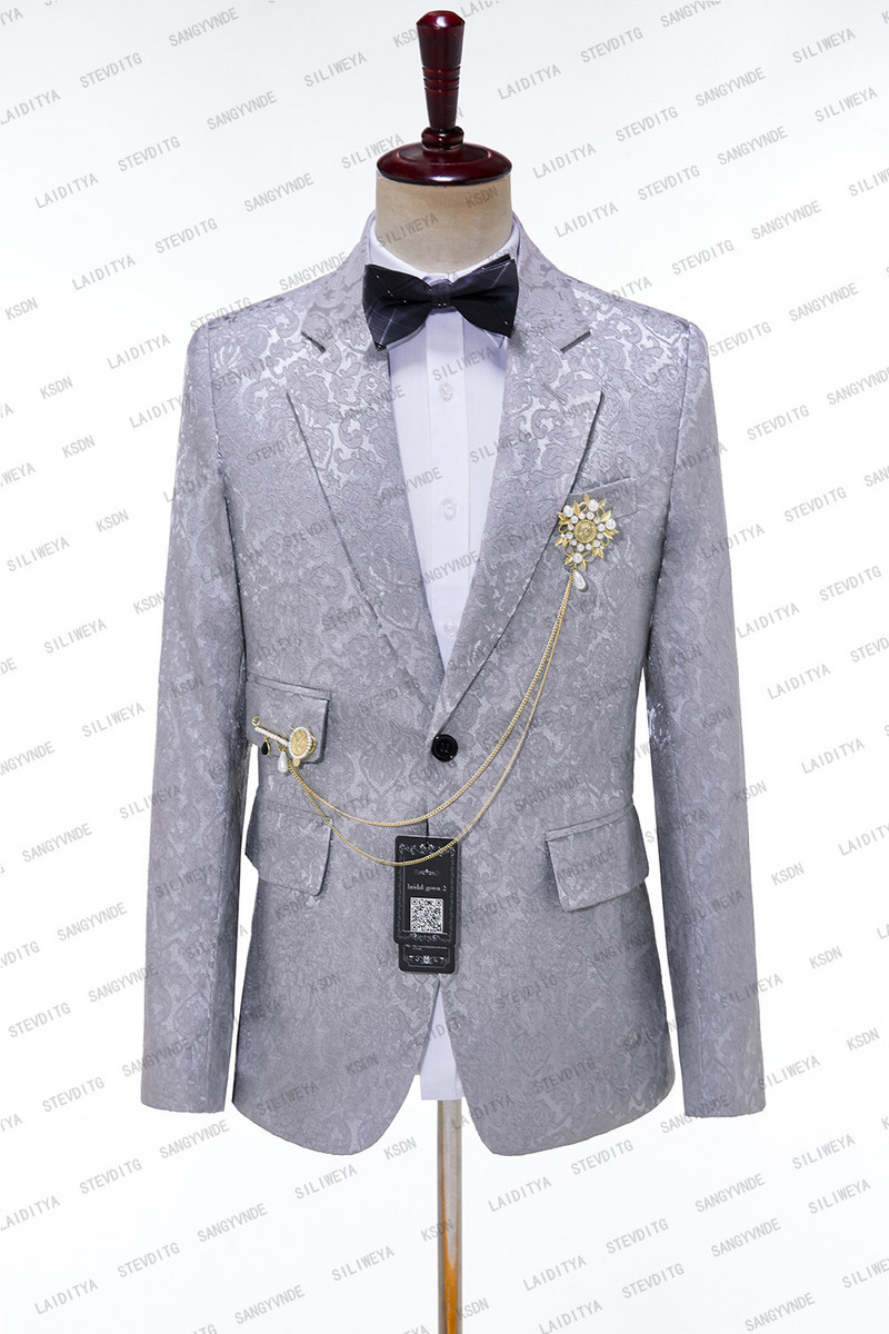 Kabát + nadrág 2 részes szett 2023 divatos új szürke jacquard virágos férfi alkalmi butik üzleti ruha esküvői vőlegény öltöny