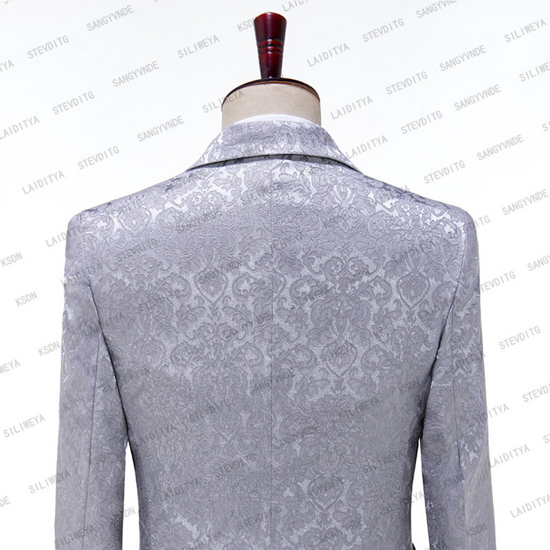 Kabát + nadrág 2 részes szett 2023 divatos új szürke jacquard virágos férfi alkalmi butik üzleti ruha esküvői vőlegény öltöny