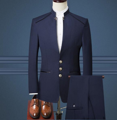 Egysoros állógallér öltöny, 3 részes szett Férfi esküvői parti öltönyök nagy méretű blézer kabát nadrág mellény fekete kék piros