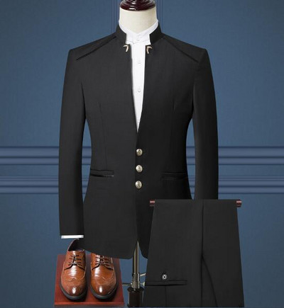 Egysoros állógallér öltöny, 3 részes szett Férfi esküvői parti öltönyök nagy méretű blézer kabát nadrág mellény fekete kék piros