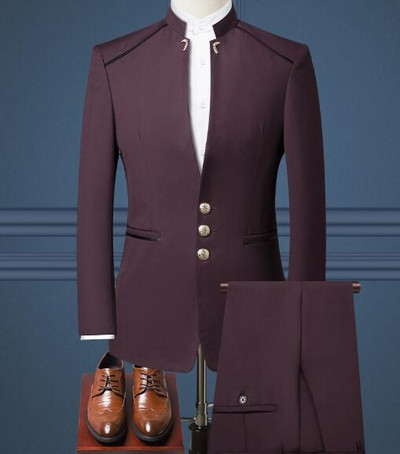 Egysoros állógallér öltöny, 3 részes szett Férfi esküvői parti öltönyök nagy méretű blézer kabát nadrág mellény fekete kék piros