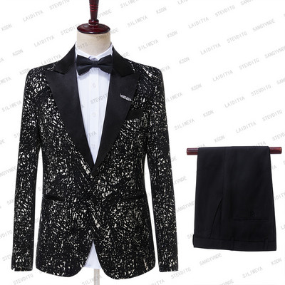 2023-as új érkezés fekete jacquard virágos szmoking öltönyök férfiaknak esküvői karcsú úri dzsekik nadrággal 2 részes férfi jelmez