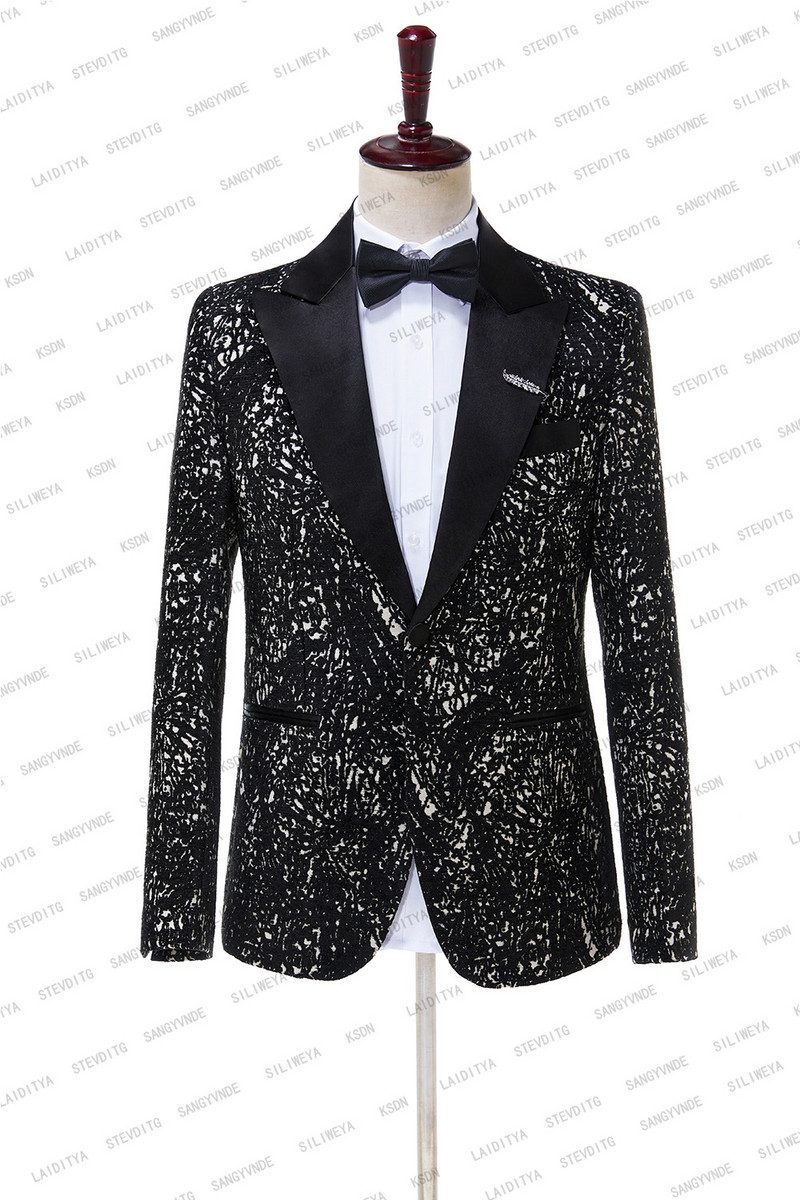 2023-as új érkezés fekete jacquard virágos szmoking öltönyök férfiaknak esküvői karcsú úri dzsekik nadrággal 2 részes férfi jelmez