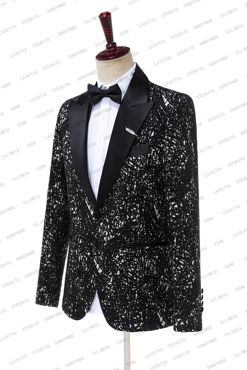 2023-as új érkezés fekete jacquard virágos szmoking öltönyök férfiaknak esküvői karcsú úri dzsekik nadrággal 2 részes férfi jelmez